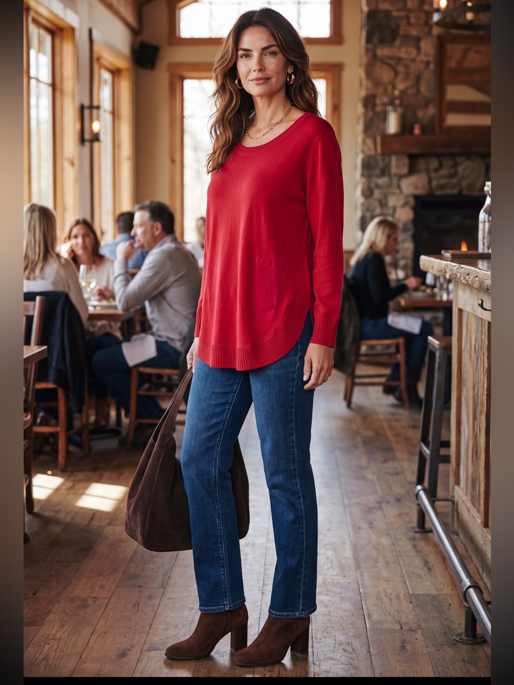 Tint & Shadow Tunic Sweater in Deep Red 3/4 Sleeves